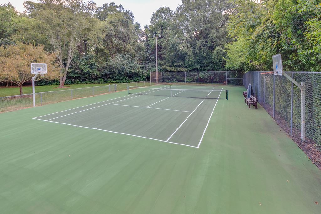 Beautiful, regulation tennis court with new net and lines at this Charlotte Mid-Century Modern Home with tennis court.