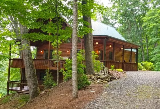 Exterior view of 733 Bolens Creek Rd, Burnsville, NC, a totally private NC mountain cabin -- a great example of unusual asheville area real estate.