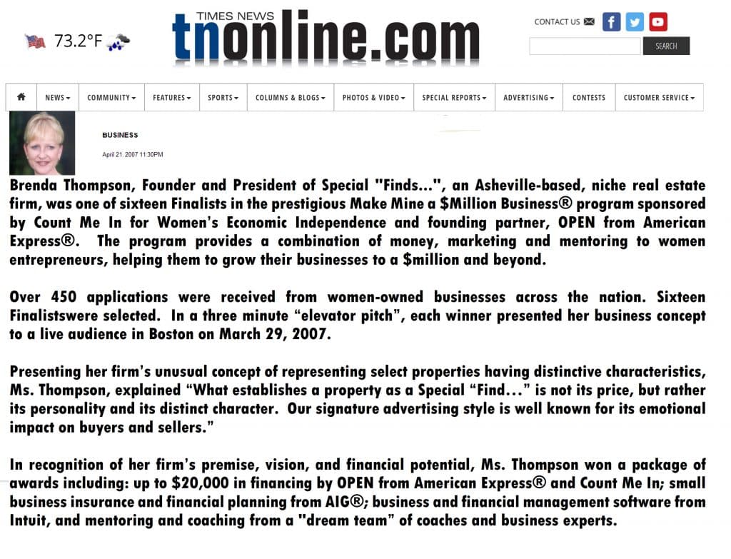 Press release about Brenda was One of 16 Finalist in Make Mine a $Million Business