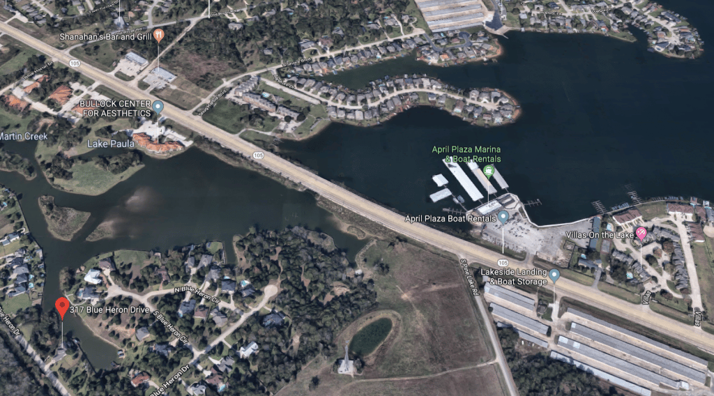 aerial of property locaton of this lake conroe waterfront estate
