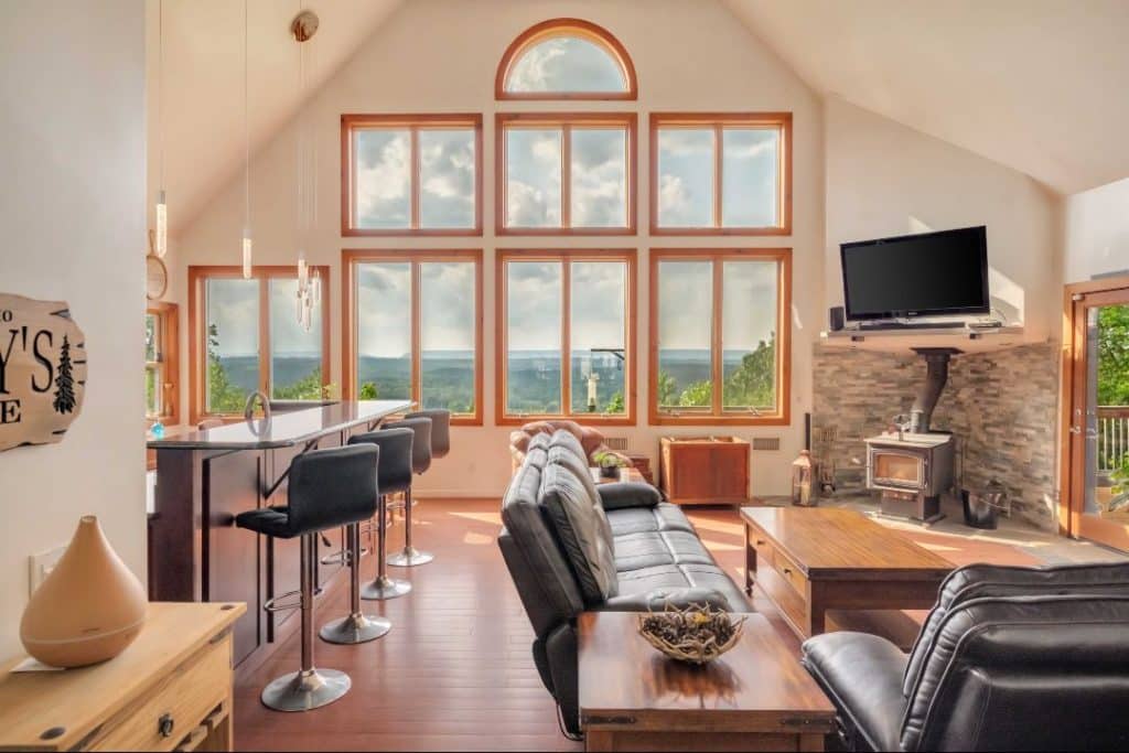 Wall of windows reveal the views for the Sanctuary Overlooking Delaware Water Gap!