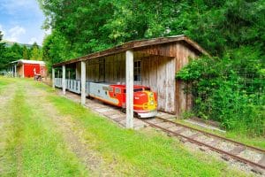 Fun train with two locomotives and this unique home.