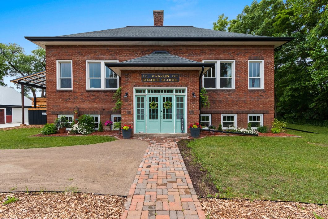 Exterior of historic schoolhouse transformed into great house.