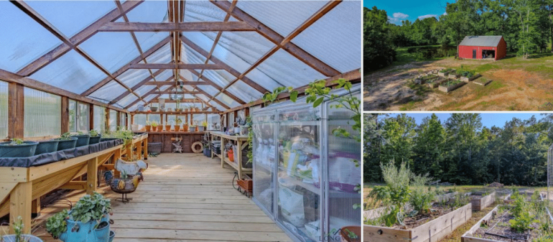 A lush vegetable garden with a variety of plants. An equipment barn for storing tools for off-grid living, and a greenhouse full of growing plants.