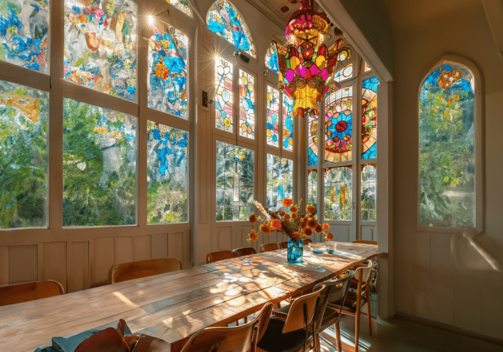 A vibrant dining room with stained glass windows casting colorful light across the space.